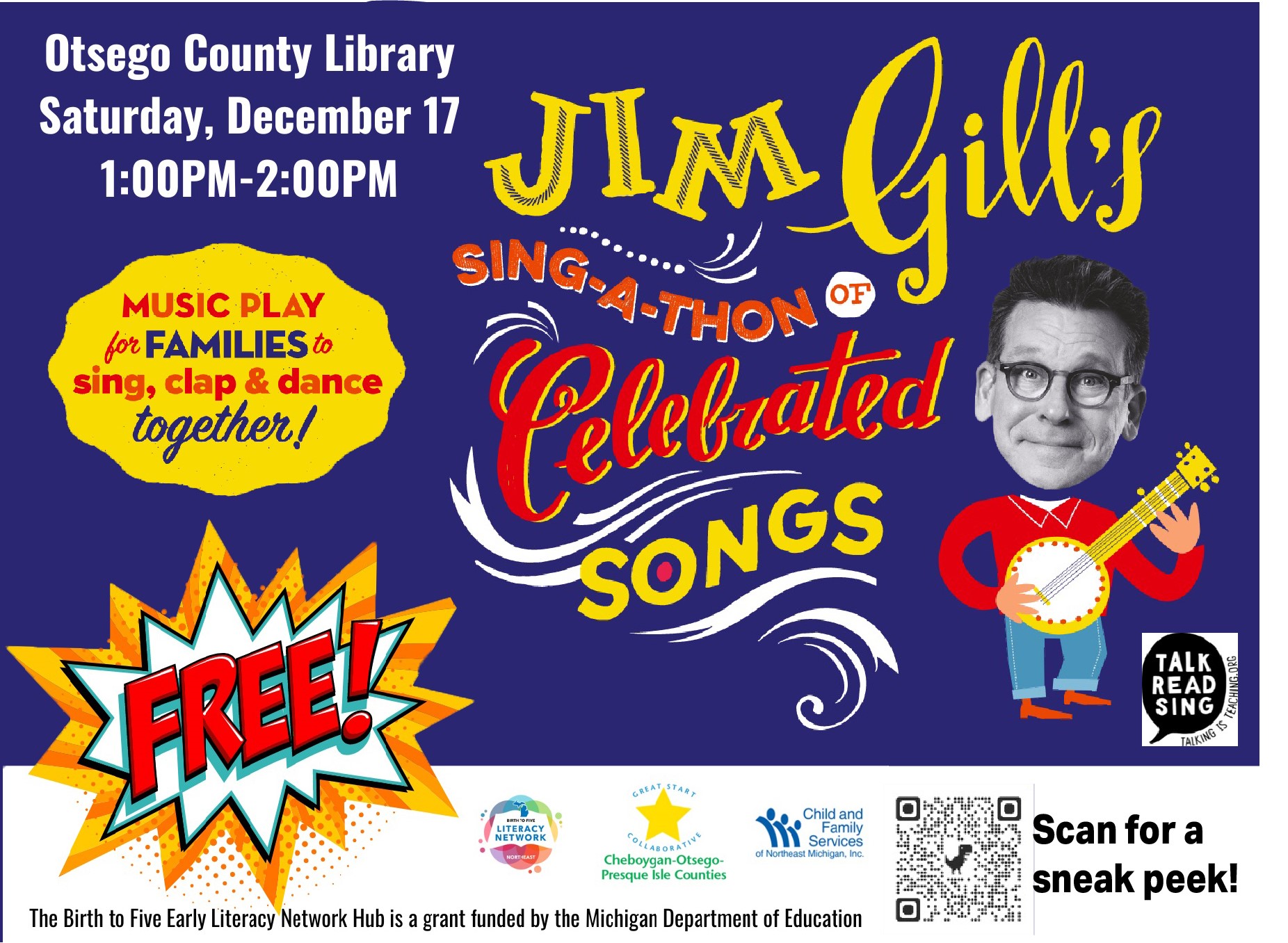 Bring your family and join us for a Sing-a-long with Jim Gill Saturday December 17 at 1 pm