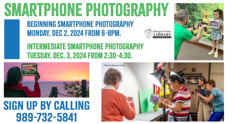 Smartphone Photography Classes will be held December 2 at 6 pm and December 3 at 2:30 pm